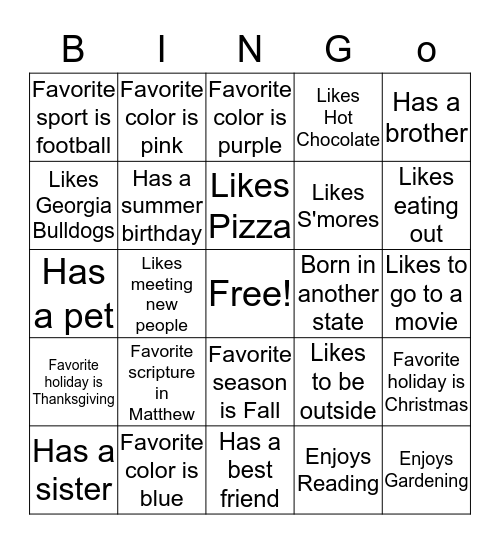 Friendship Fun Bingo Card