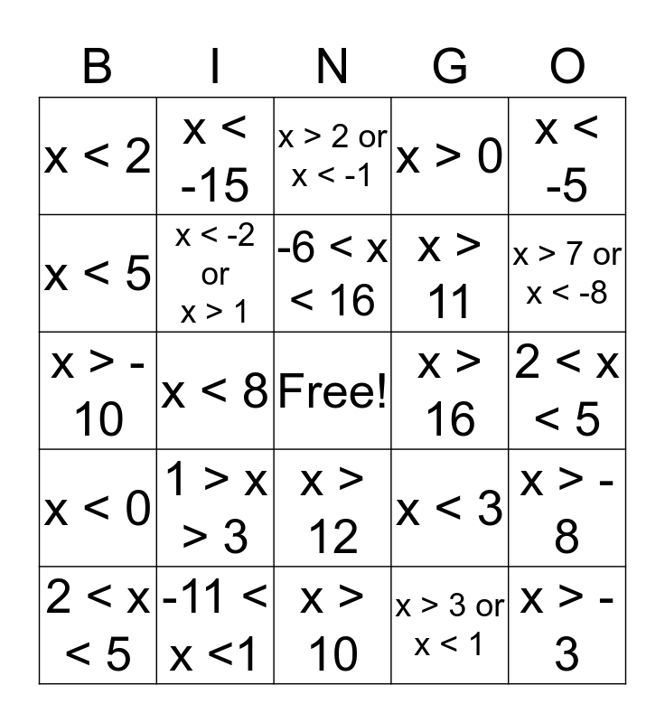 Inequality Bingo Card