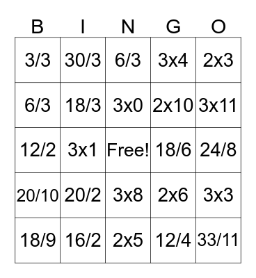 Multiplication and Division 2, 3 Bingo Card