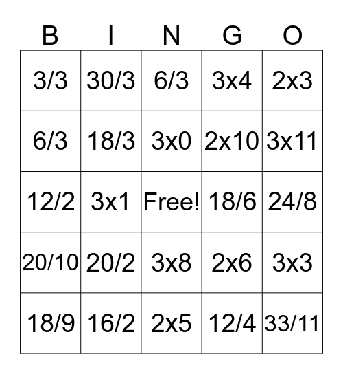 Multiplication and Division 2, 3 Bingo Card