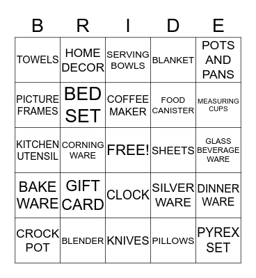 BRIDAL BINGO Card