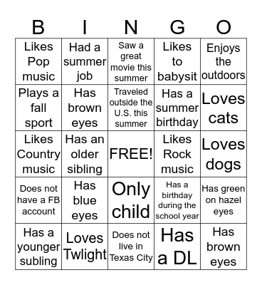 Getting to Know You! Bingo Card