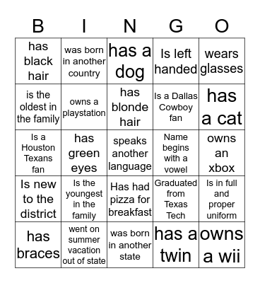 First Day Bingo Card