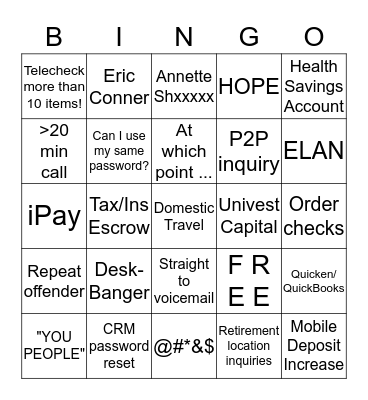 Service Center Bingo Card