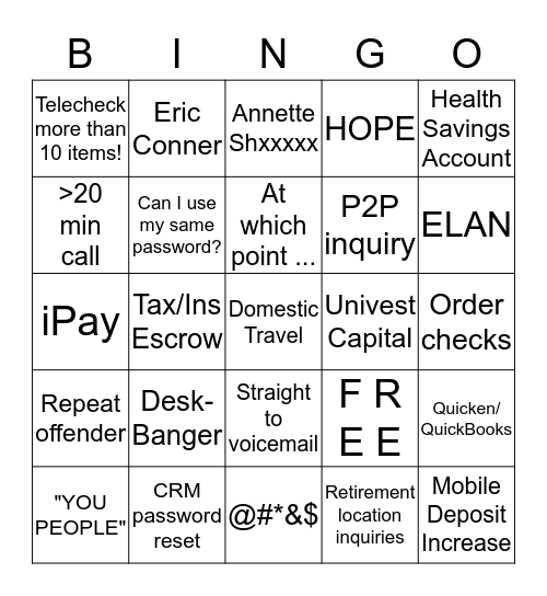 Service Center Bingo Card