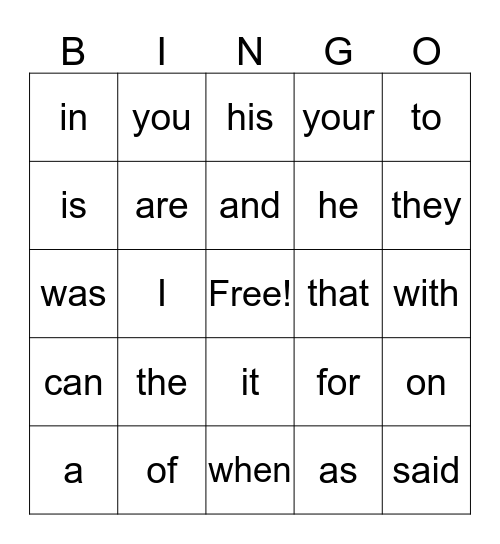 First Grade Fry Words List 1 Bingo Card