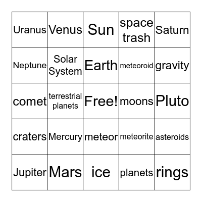 Solar System Bingo Card