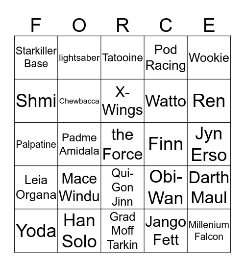 Star Wars Bingo Card