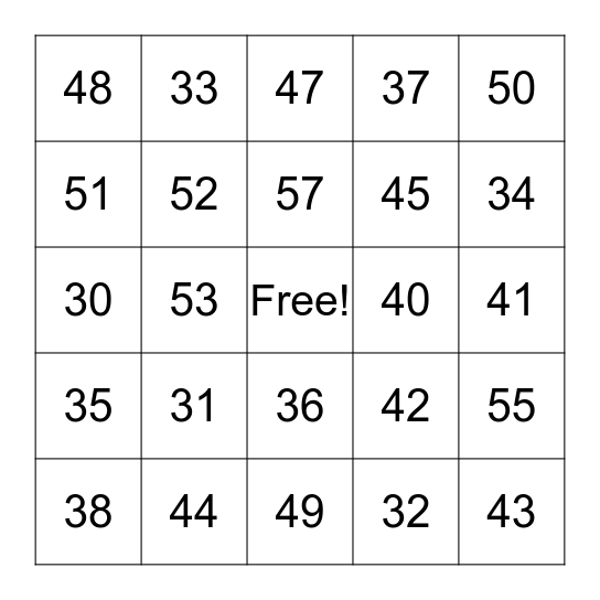 Numbers 30 to 59 Bingo Card