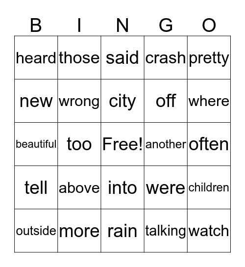 Sight Words  Bingo Card