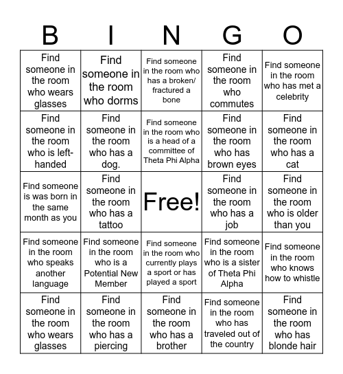 Get to know you bingo: THETA PHI ALPHA Bingo Card