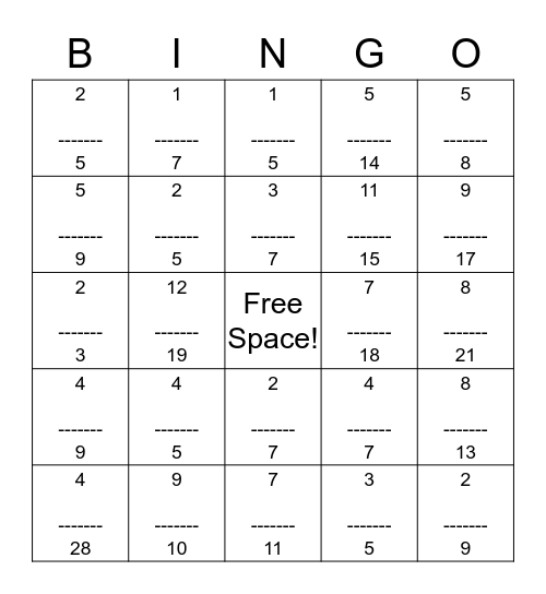 Fraction Bingo Card