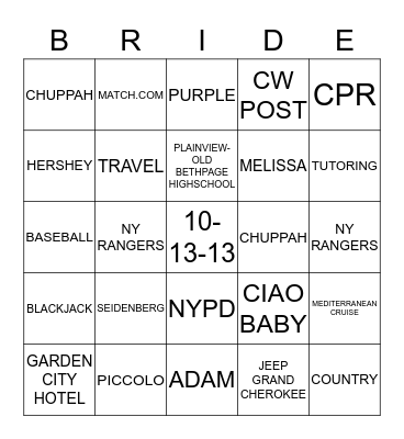 Melissa's Bridal Shower Bingo Card