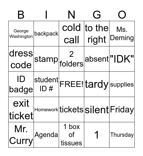 Quick Practice Bingo Card