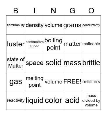 Properties of Matter Bingo Card