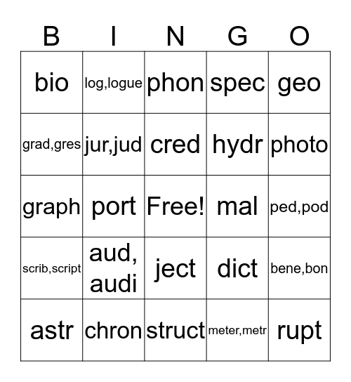 Root Word  Bingo Card