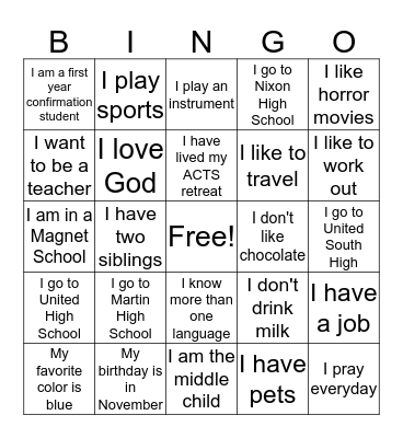 iYouth Bingo Card