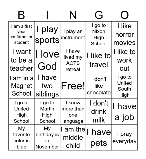 iYouth Bingo Card