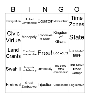 Social Studies Bingo Card