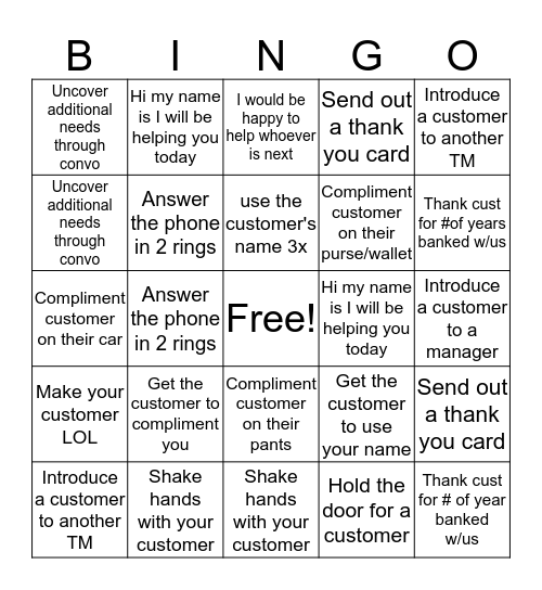 Customer Service Bingo  Bingo Card