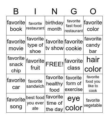 Favorites Bingo Card