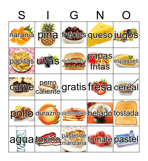 Comida y frutas 2 Bingo Card