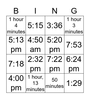 Elapsed Time Bingo Card