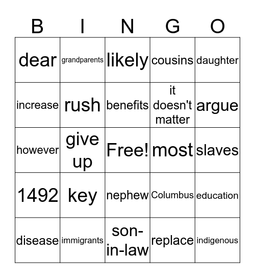 Vocabulary Bingo - Oct. 6, 2017 Bingo Card