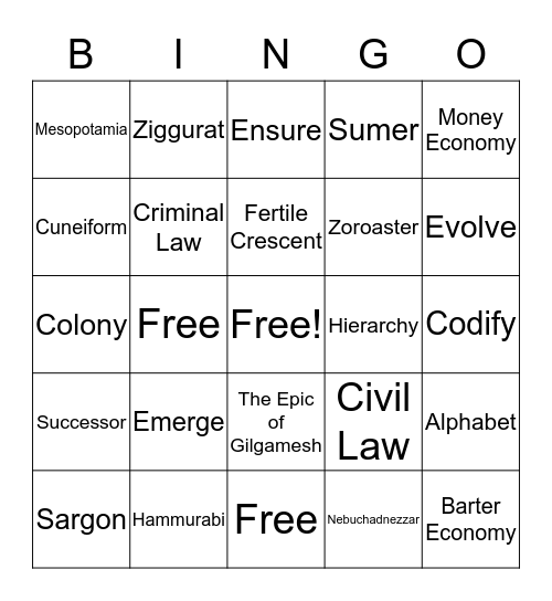 Ancient Middle East and  Bingo Card