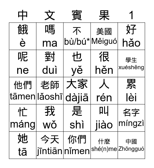 CHN 101 - Lesson 1 Bingo Card