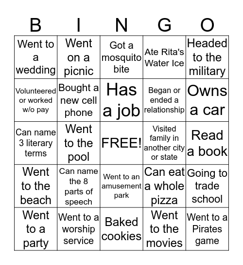 Senior English Bingo Card