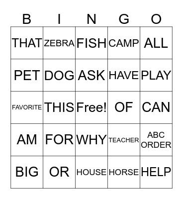 WORD BINGO  Bingo Card