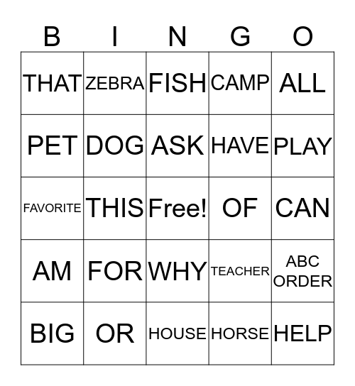 WORD BINGO  Bingo Card