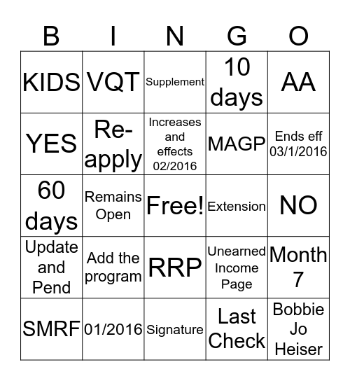 Ongoing Unit Bingo Card