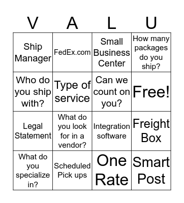 VALUE Bingo Card