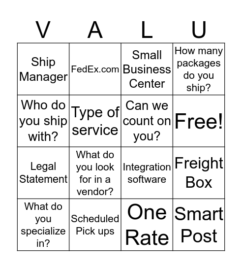 VALUE Bingo Card