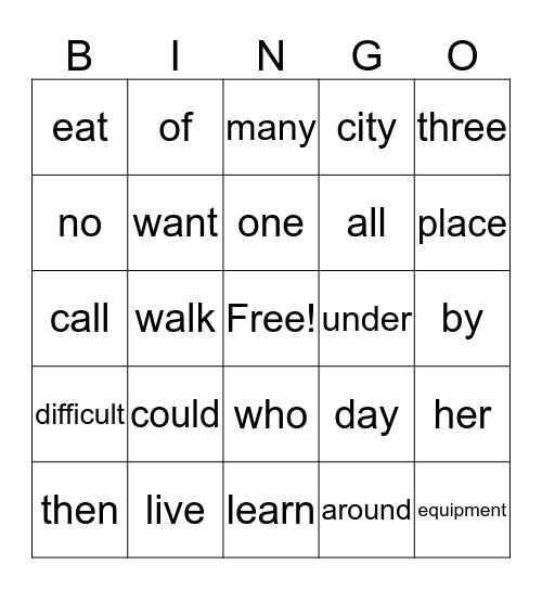 HIGH FREQUENCY WORDS  Bingo Card