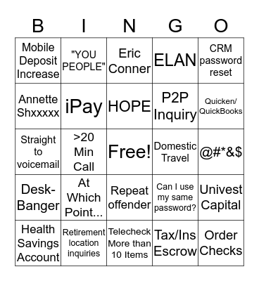 Service Center Bingo Card