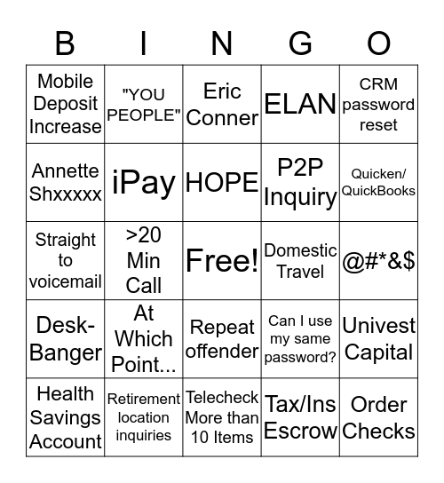 Service Center Bingo Card