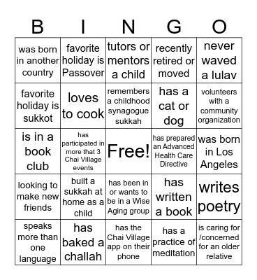 ChaiVillageLA Sukkot Bingo  Bingo Card