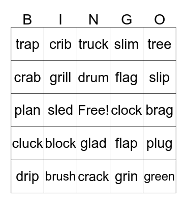 -l & -r Blends  Bingo Card
