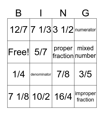Fraction Action Bingo Card