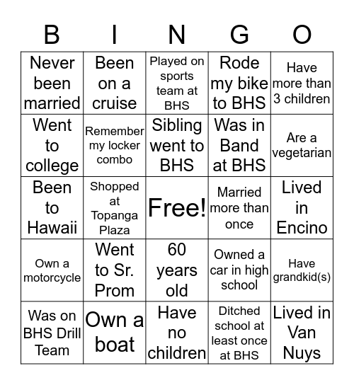 BHS Class of '75 Bingo Card