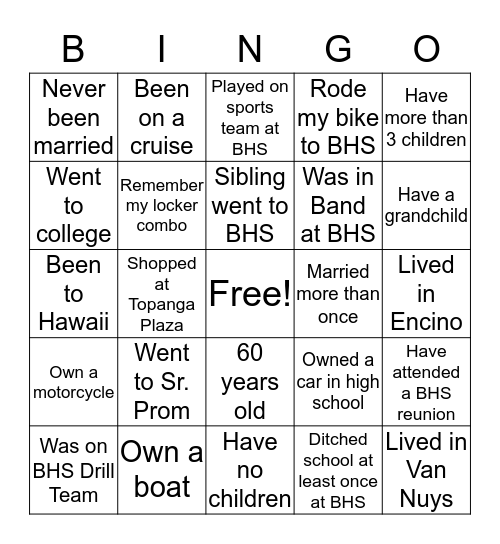 BHS Class of '75 Bingo Card
