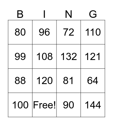 Multiplication 9-12 Bingo Card