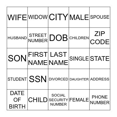 PERSONAL INFORMATION Bingo Card