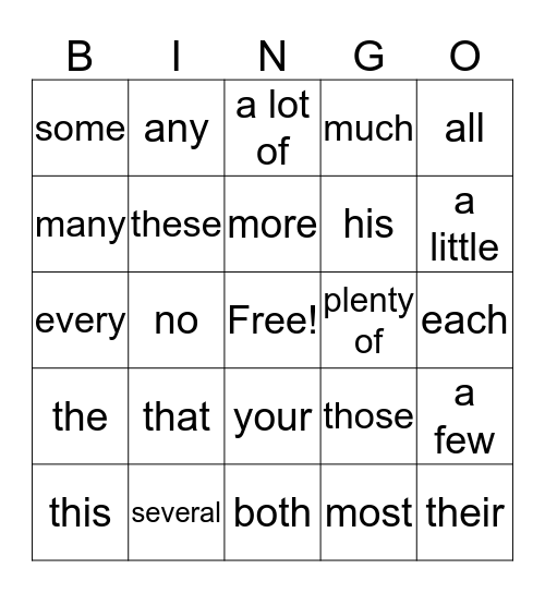 Noun Determiners Bingo Card