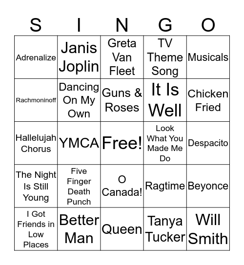 SINGO Bingo Card