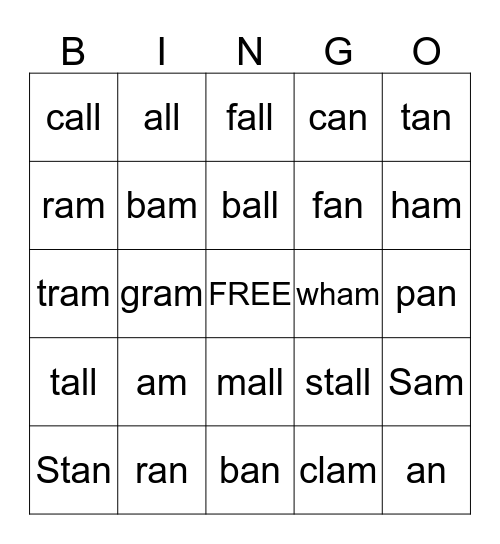 Am, All, An Bingo Card