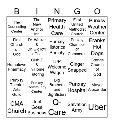 IUP Welcome Wagon Meet and Greet Bingo Card